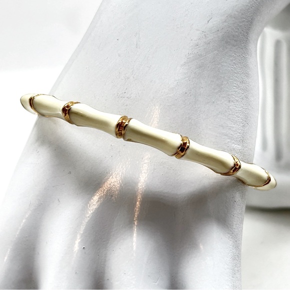 Stella & Dot, Gold And White Enamel Bamboo Design Bangle Bracelet - Picture 6 of 6